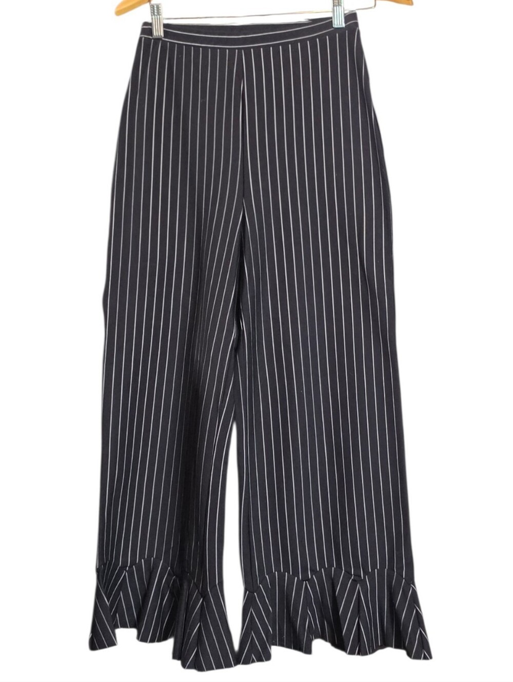 Timing Black Pinstripe Wide-Leg Ruffle Hem Pants